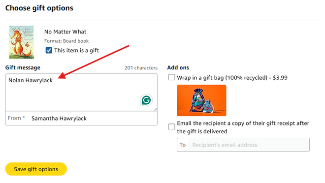 Amazon gift message field