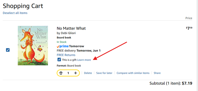 Amazon checkout showing the This is a gift checkbox